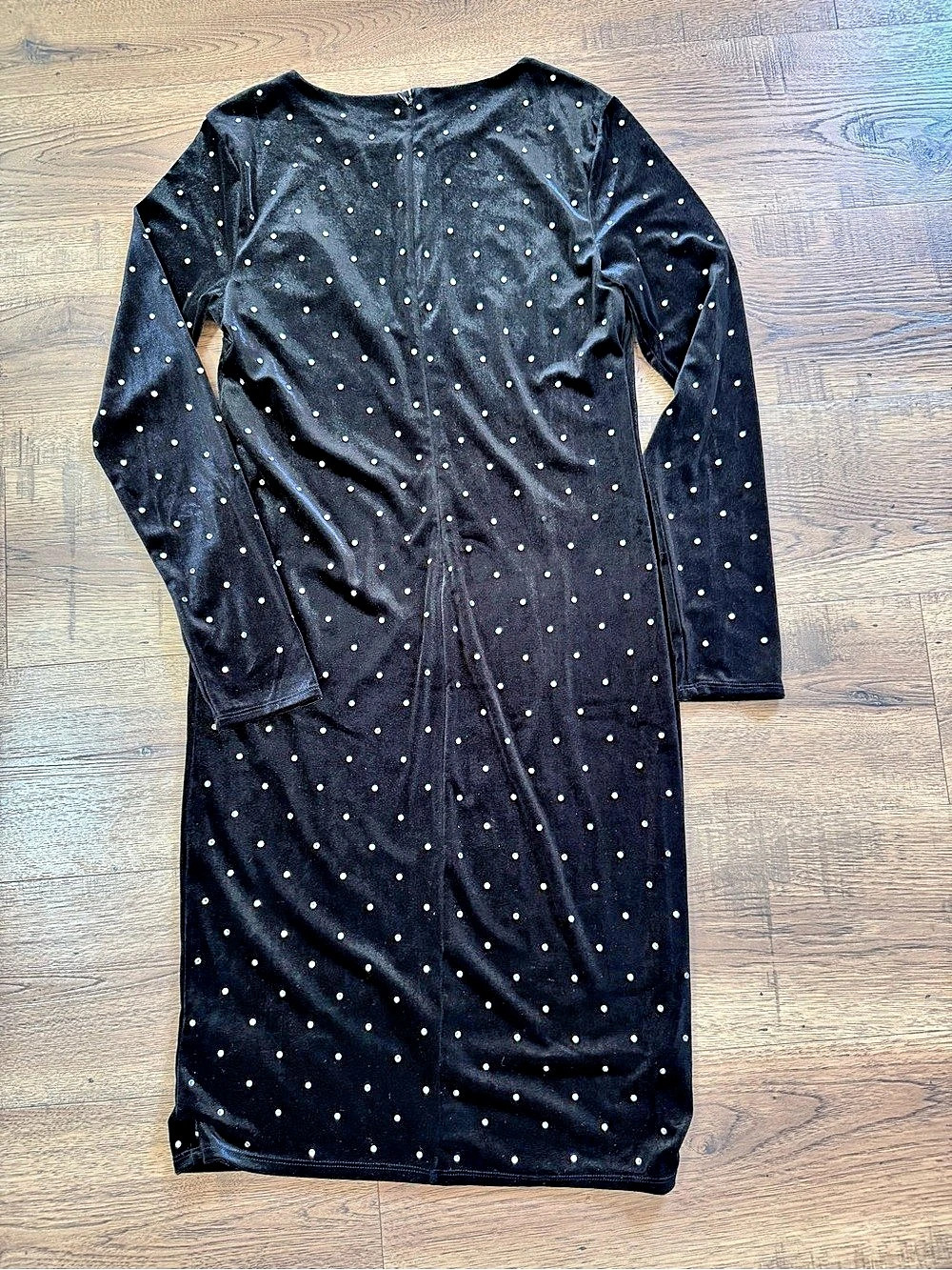 Jennifer Lopez M Black Velvet Rhinestone Sheath Midi Dress Lined Stretch - Picture 11 of 16